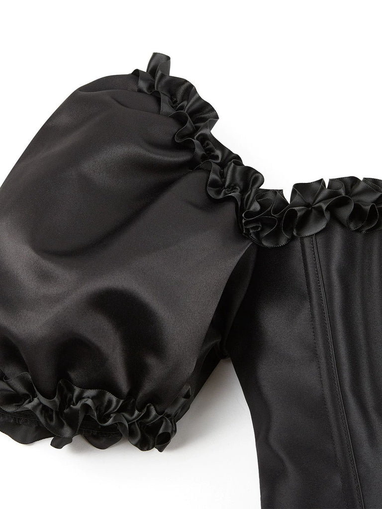 Black 1980s Solid Gothic Puff Sleeve Square Neck Corset Top