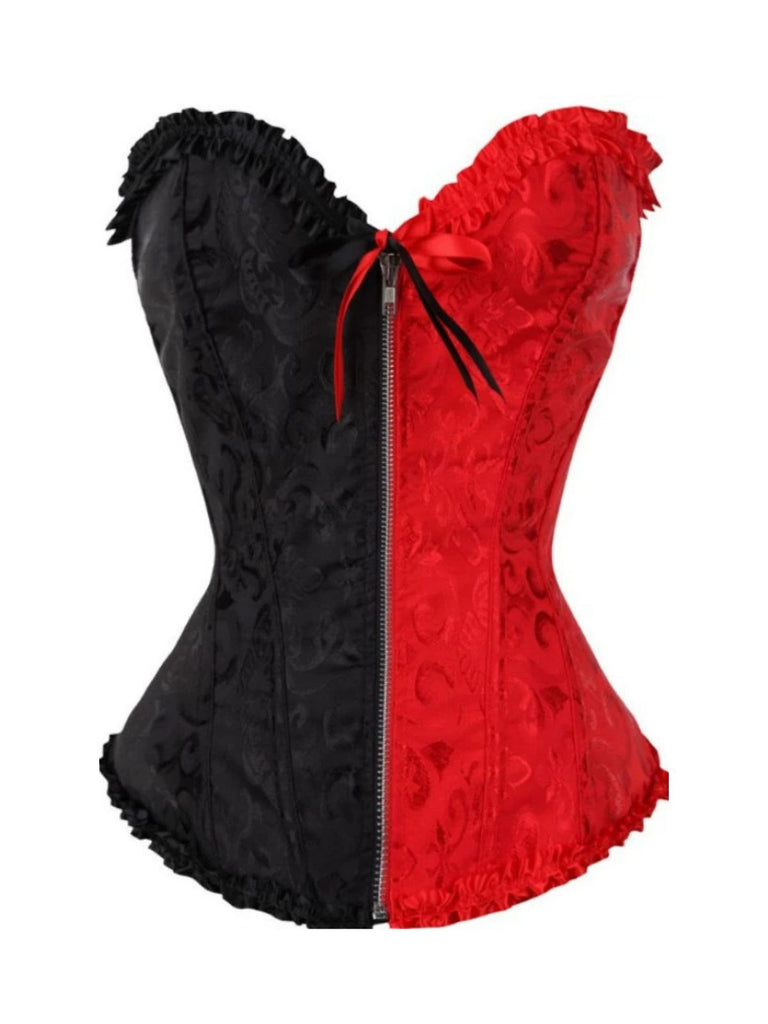 Black & Red 1980s Gothic Colorblock Jacquard Ruffled Corset