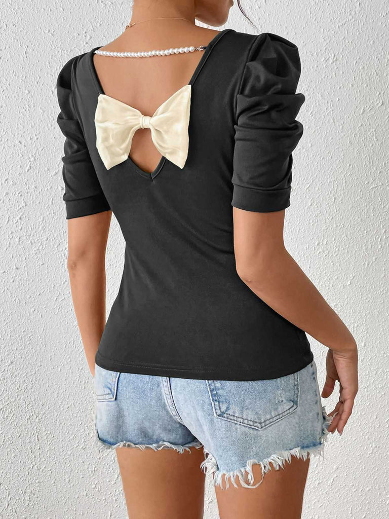 Black 1940s Puff Sleeve Back-Bow Pearl Top