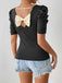 Black 1940s Puff Sleeve Back-Bow Pearl Top