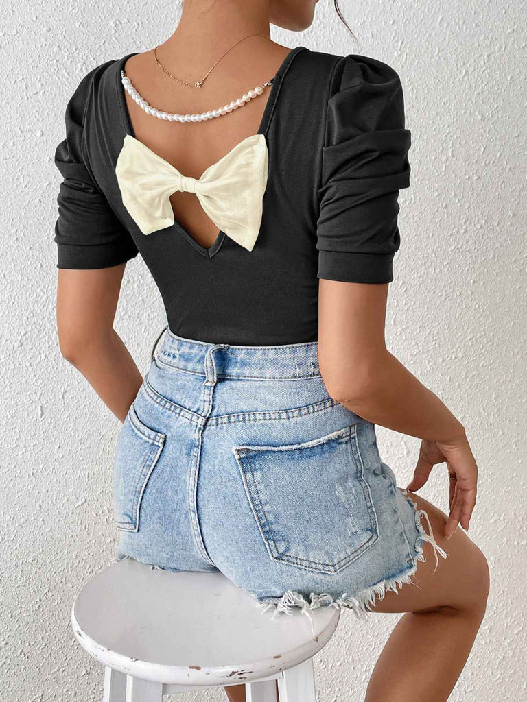 Black 1940s Puff Sleeve Back-Bow Pearl Top