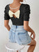 Black 1940s Puff Sleeve Back-Bow Pearl Top
