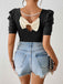 Black 1940s Puff Sleeve Back-Bow Pearl Top