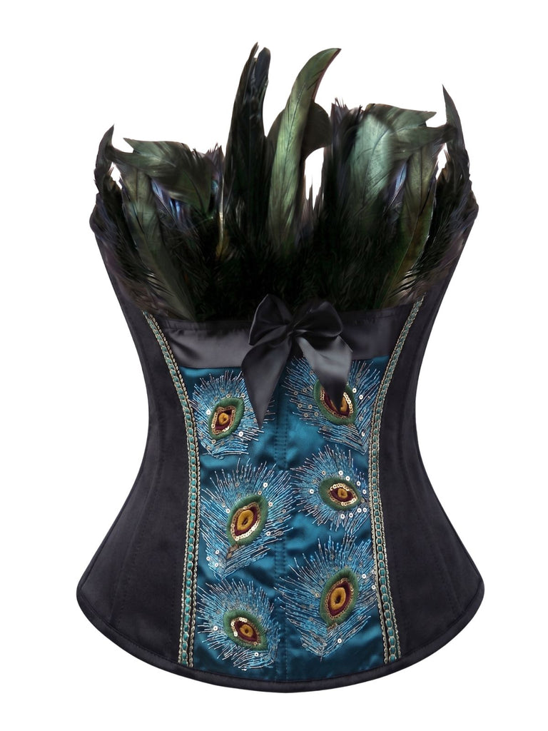 Teal 1930s Peacock Feather Embroidered Corset