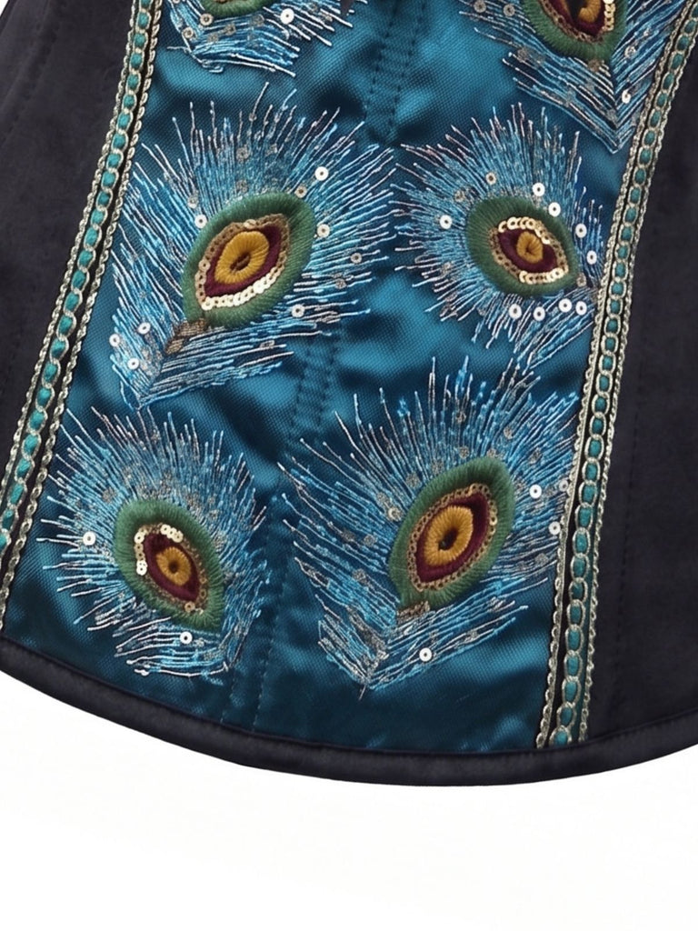 Teal 1930s Peacock Feather Embroidered Corset