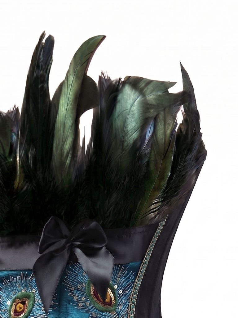 Teal 1930s Peacock Feather Embroidered Corset