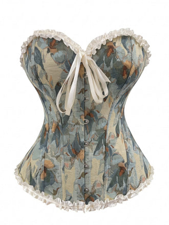 Baroque Floral Jacquard Lace Up Corset 1