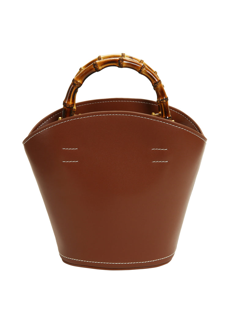 Vintage Caramel Leather Bamboo Handle Bucket Bag