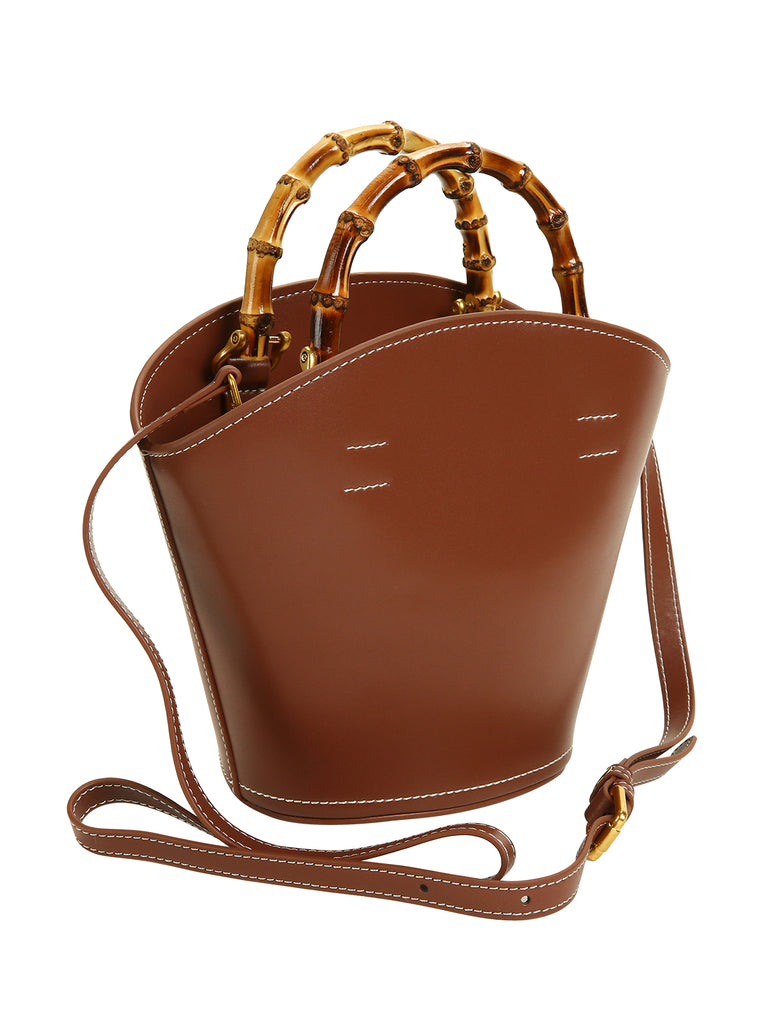 Vintage Caramel Leather Bamboo Handle Bucket Bag