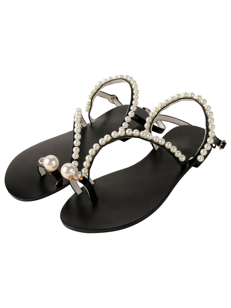 Retro Black Pearl Flat Herringbone Sandals