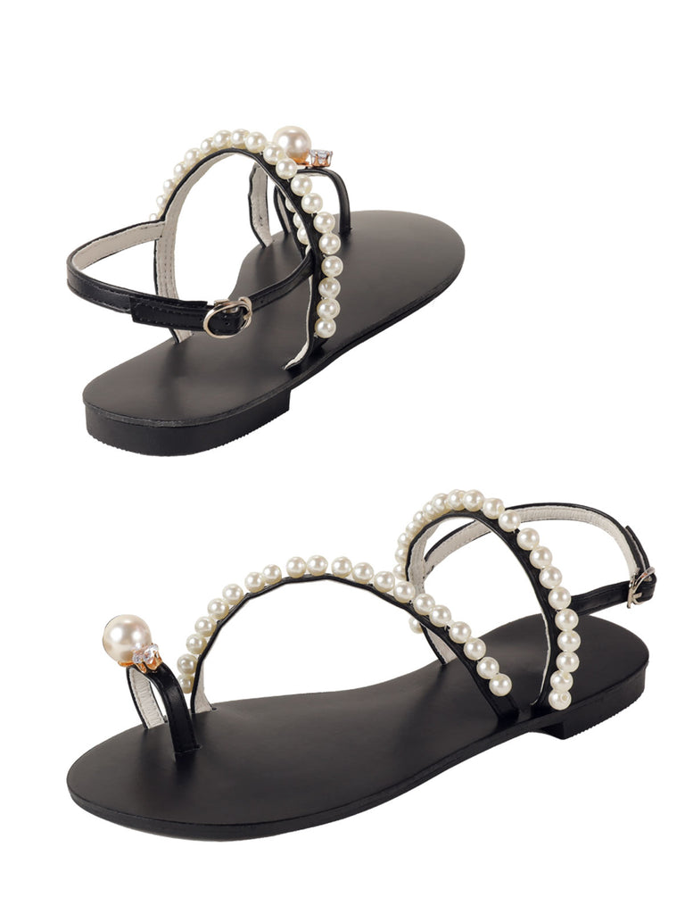 Retro Black Pearl Flat Herringbone Sandals