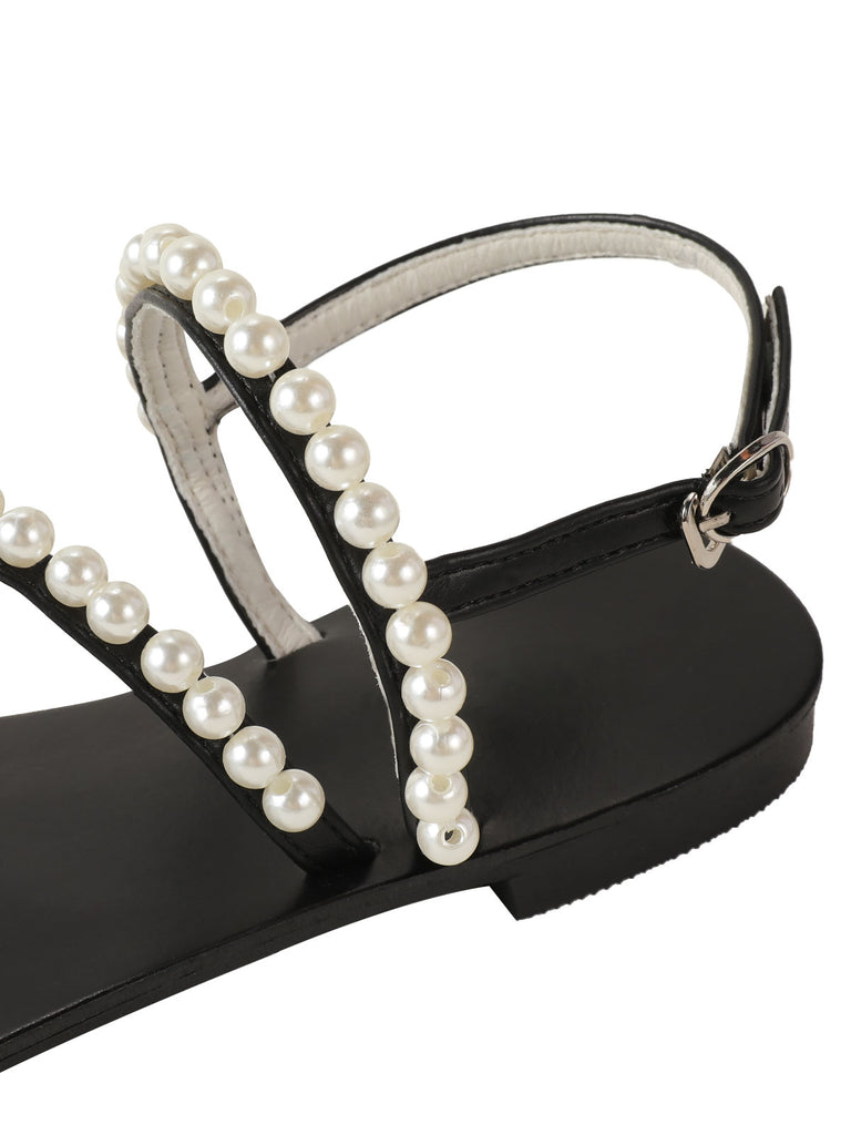 Retro Black Pearl Flat Herringbone Sandals