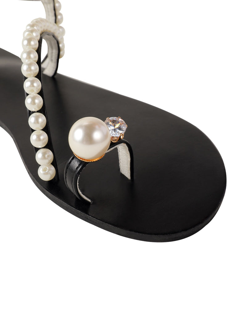 Retro Black Pearl Flat Herringbone Sandals