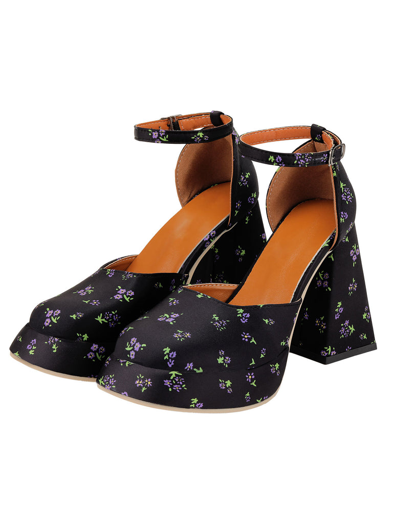 Retro Black Square Toe Floral High Heels