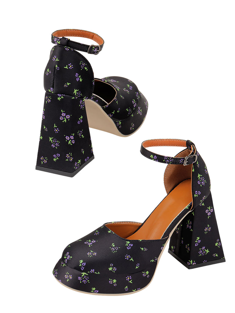 Retro Black Square Toe Floral High Heels