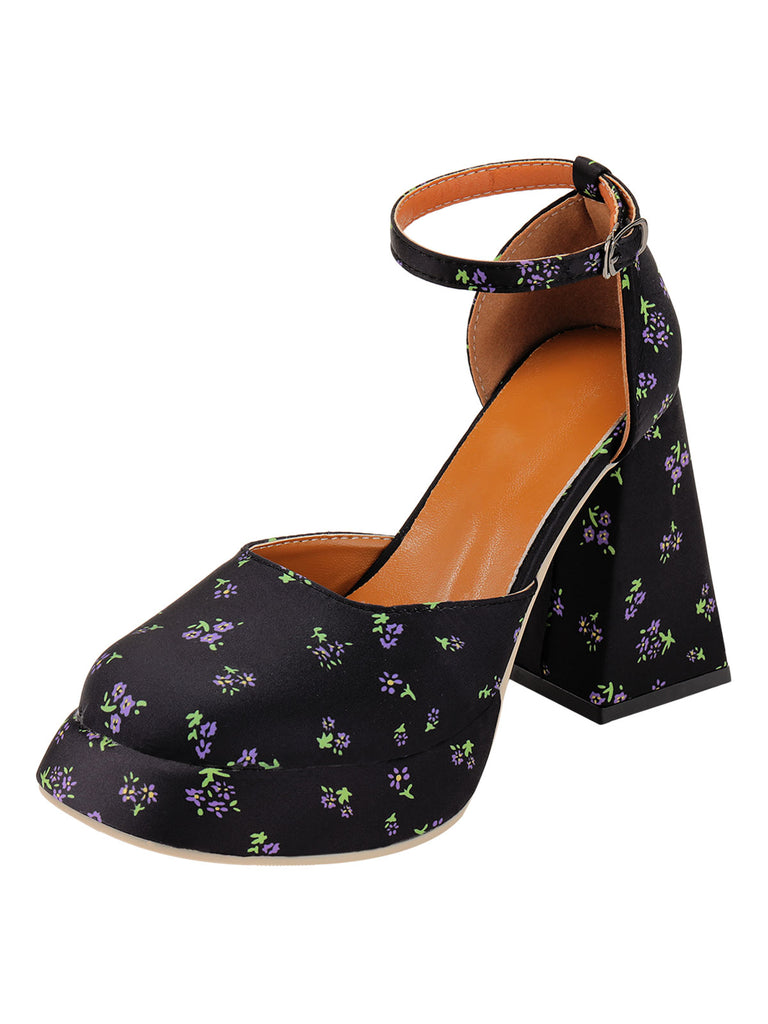 Retro Black Square Toe Floral High Heels