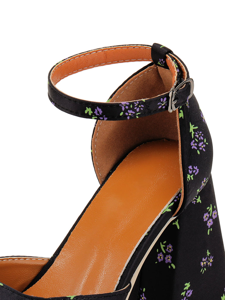 Retro Black Square Toe Floral High Heels