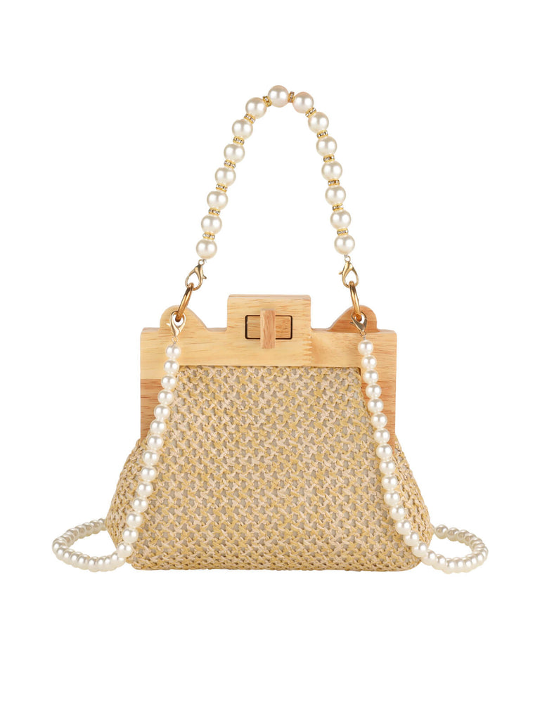 Handmade Straw Pearl Chain Handbag & Crossbody Bag