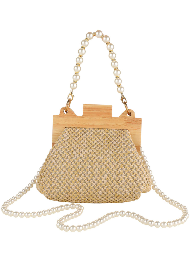 Handmade Straw Pearl Chain Handbag & Crossbody Bag