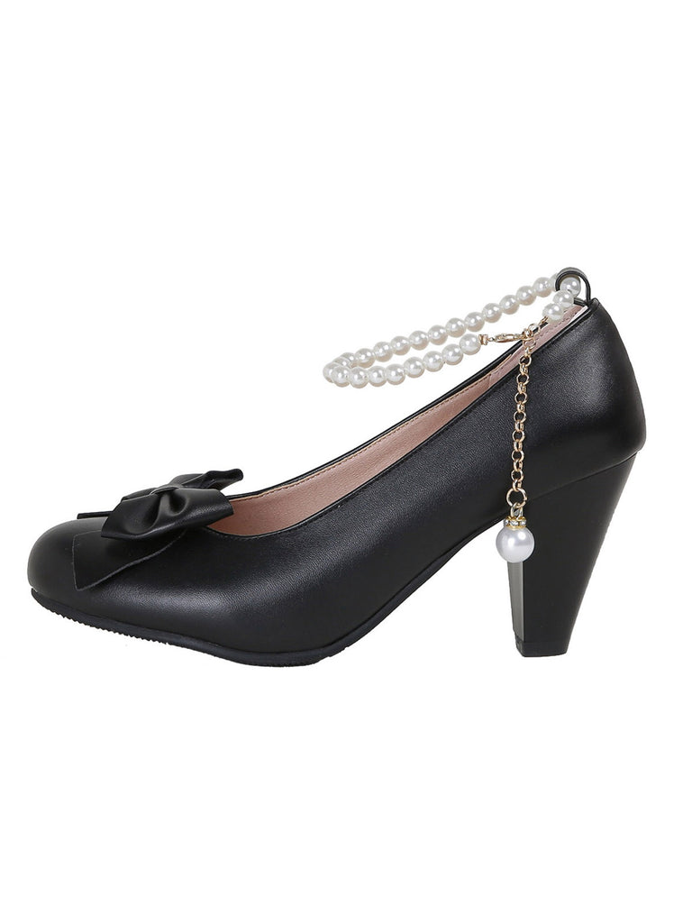 Leather Bowknot Pearl Ankle Strap Chunky Heels