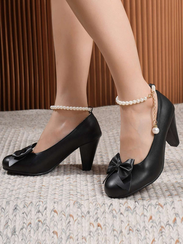 Leather Bowknot Pearl Ankle Strap Chunky Heels