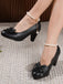 Leather Bowknot Pearl Ankle Strap Chunky Heels