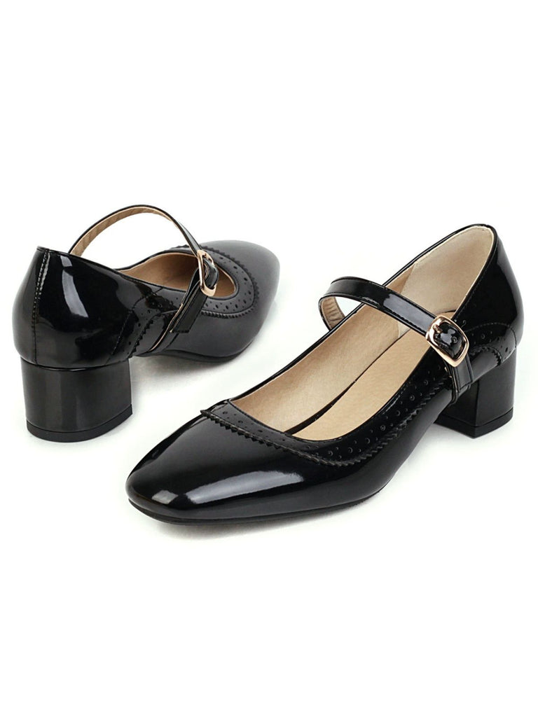 Retro PU Leather Solid Chunky Heels
