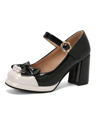 Retro Leather Colorblock Bowknot Chunky Heels