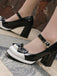 Retro Leather Colorblock Bowknot Chunky Heels