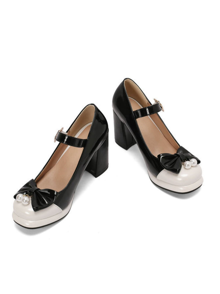 Retro Leather Colorblock Bowknot Chunky Heels