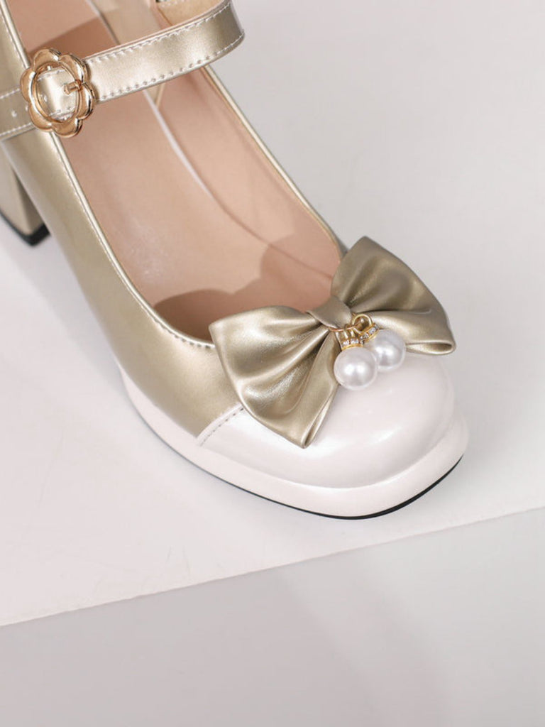 Retro Leather Colorblock Bowknot Chunky Heels