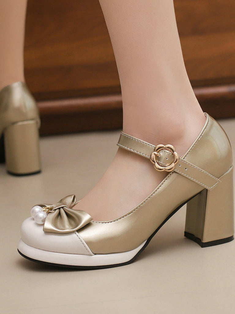 Retro Leather Colorblock Bowknot Chunky Heels