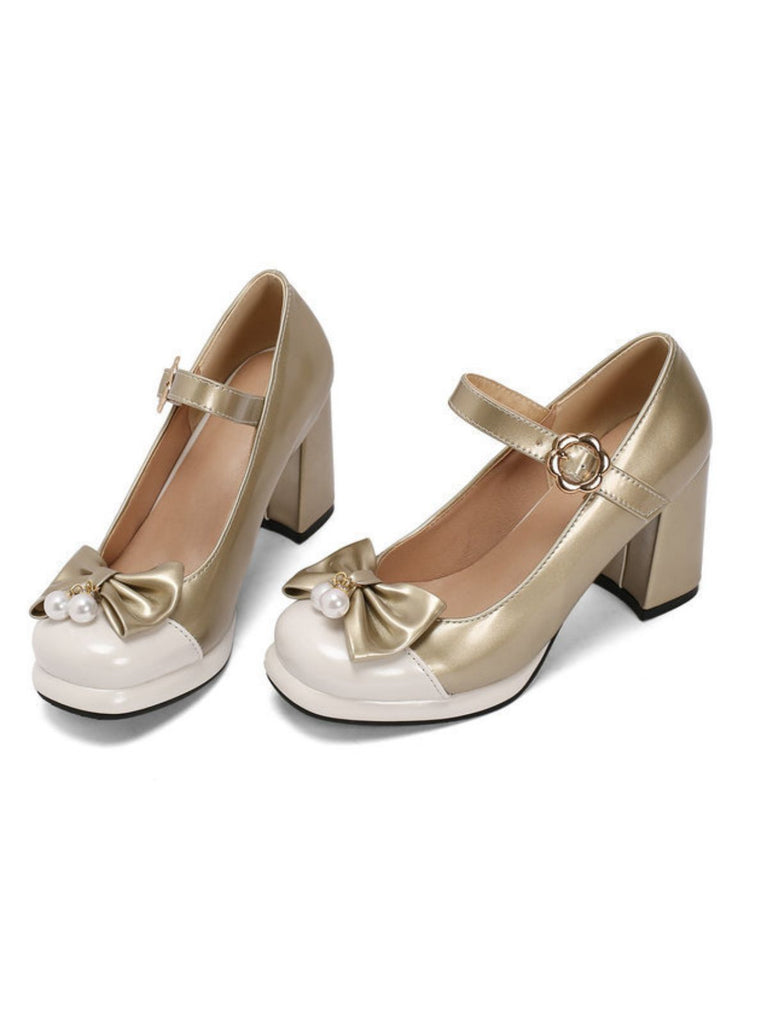 Retro Leather Colorblock Bowknot Chunky Heels