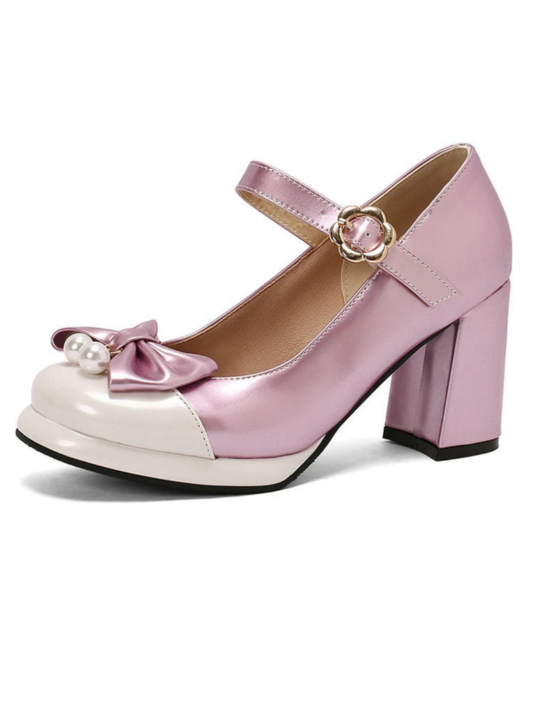 Retro Leather Colorblock Bowknot Chunky Heels