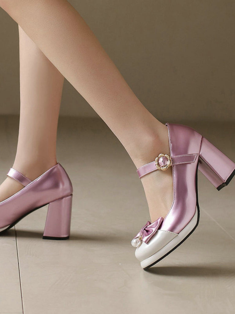 Retro Leather Colorblock Bowknot Chunky Heels