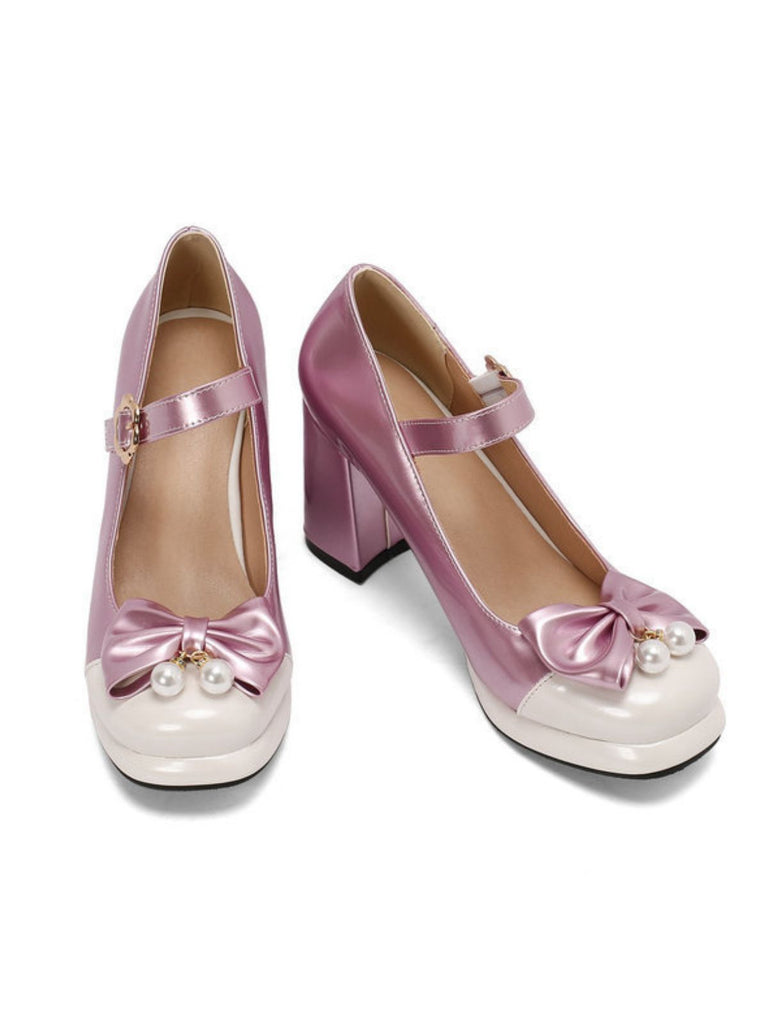 Retro Leather Colorblock Bowknot Chunky Heels