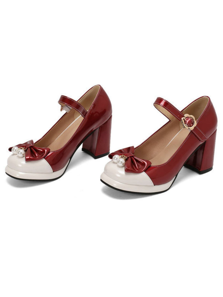 Retro Leather Colorblock Bowknot Chunky Heels