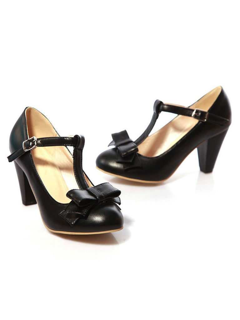 Solid Leather Bowknot T-Strap Chunky Heels