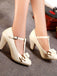 Solid Leather Bowknot T-Strap Chunky Heels