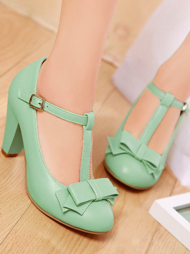 Solid Leather Bowknot T-Strap Chunky Heels