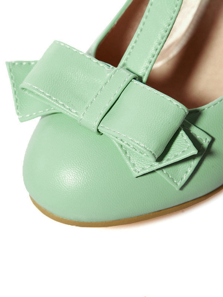 Solid Leather Bowknot T-Strap Chunky Heels