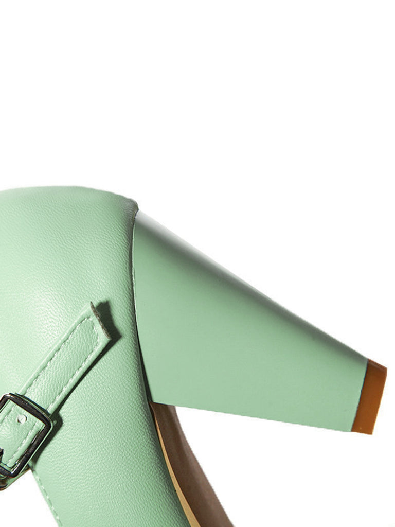 Solid Leather Bowknot T-Strap Chunky Heels