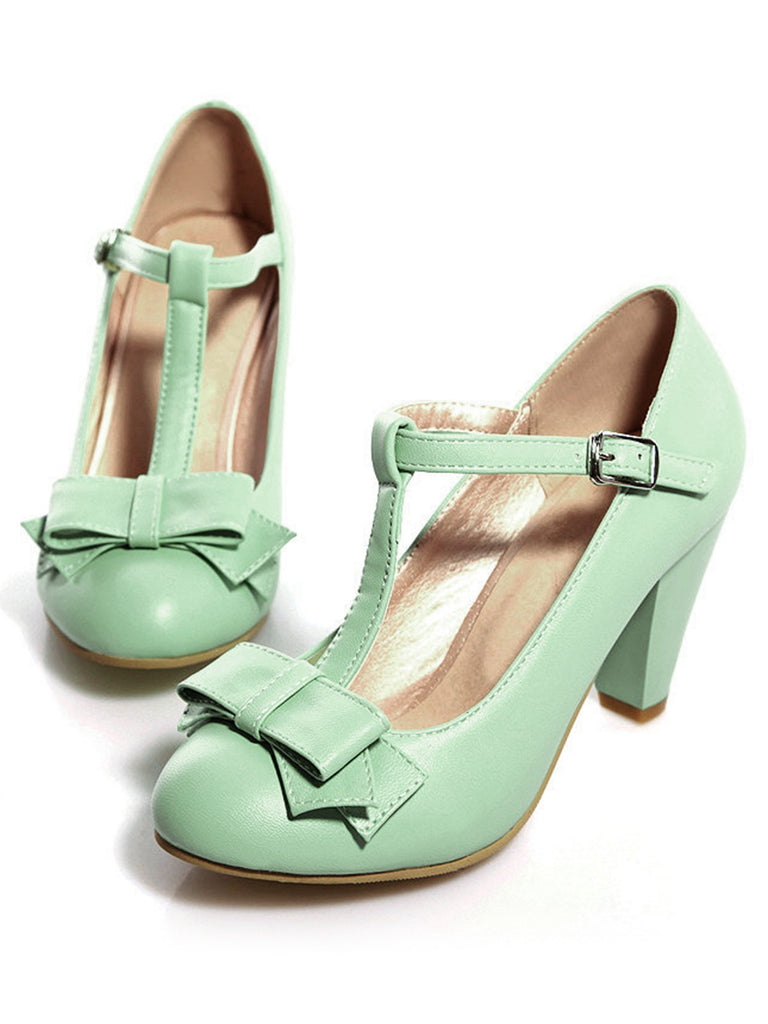 Solid Leather Bowknot T-Strap Chunky Heels