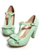 Solid Leather Bowknot T-Strap Chunky Heels