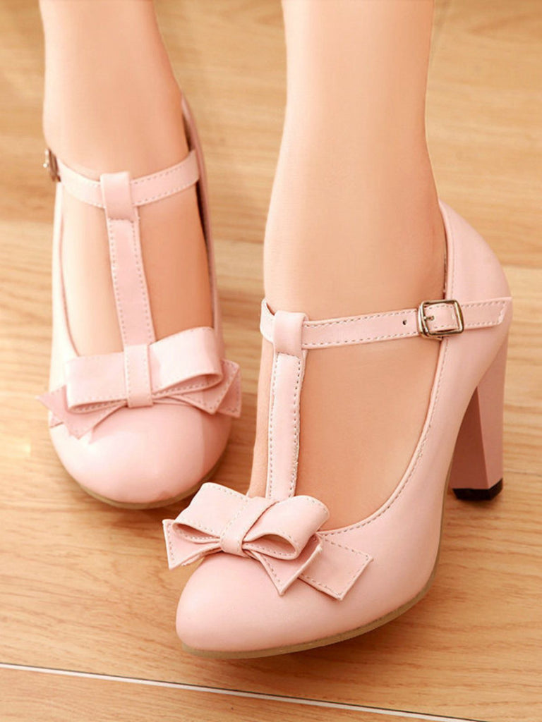 Solid Leather Bowknot T-Strap Chunky Heels