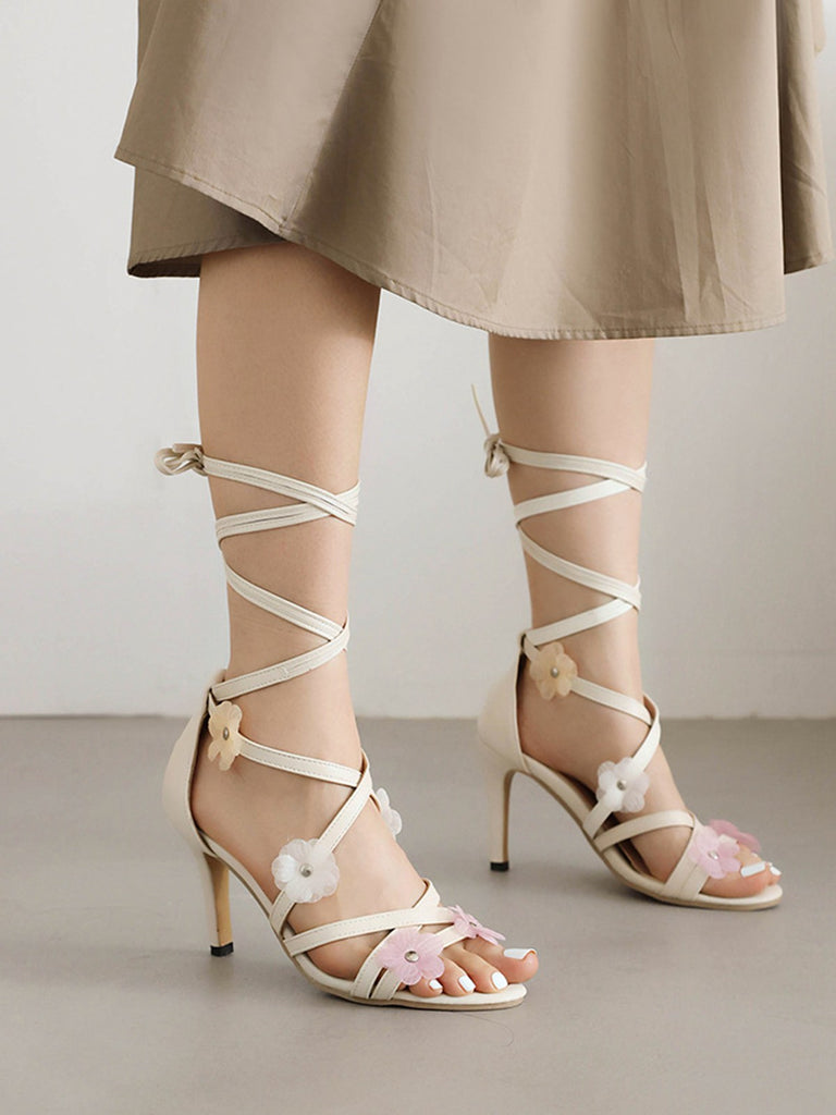 Retro 3D Flower Stilettos Ankle Wrap Sandals