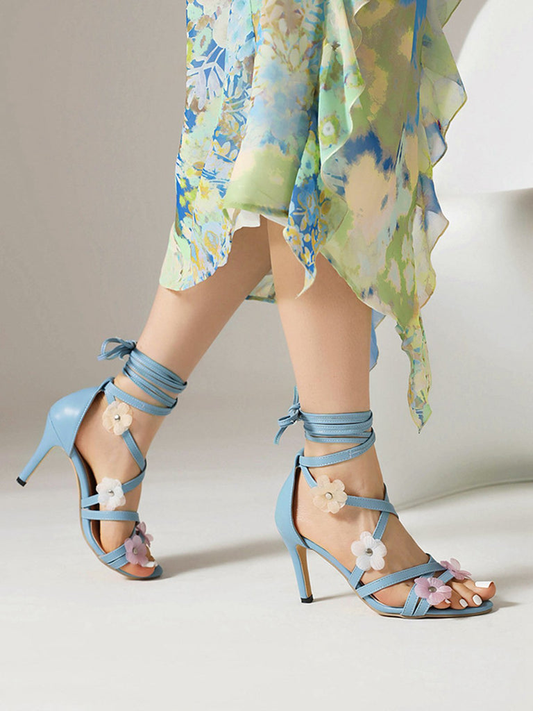 Retro 3D Flower Stilettos Ankle Wrap Sandals