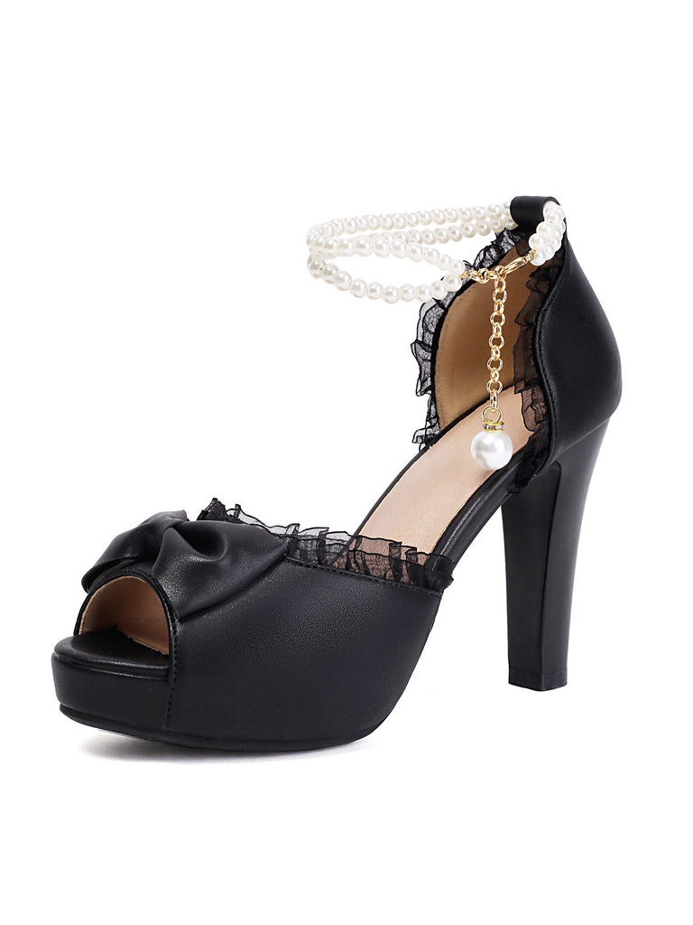 Pearl Bow Lace Peep Toe High Heels Sandals