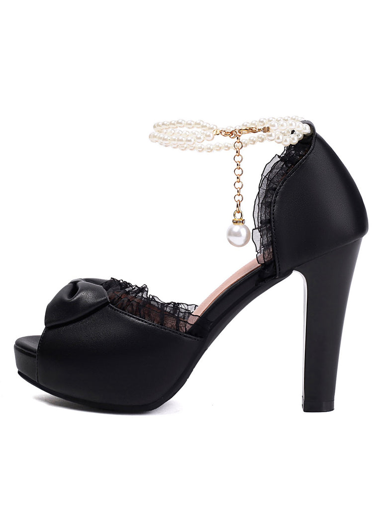 Pearl Bow Lace Peep Toe High Heels Sandals