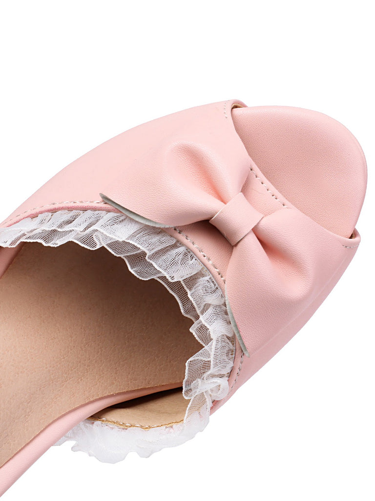 Pearl Bow Lace Peep Toe High Heels Sandals
